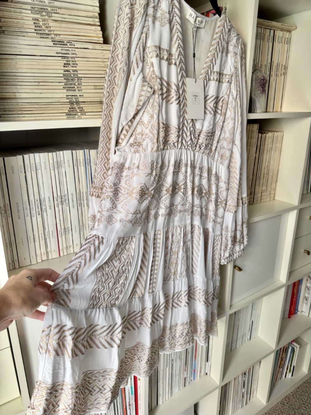 Hale Bob Lucia Dress White with Gold Embroidered details Long Sleeve NWT - Picture 8 of 12